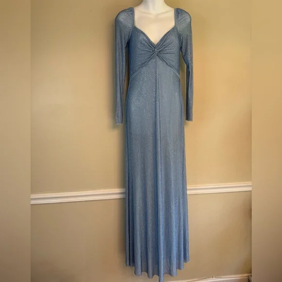 Self-Portrait Iridescent Blue Crystal Rhinestone Long Sleeve Maxi Gown Size 4 - Picture 4 of 16